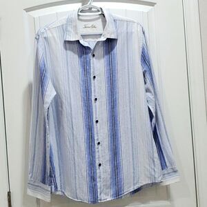 Tasso Elba Long Sleeve, Linen Blend Blue/White Mens Shirt, Medium